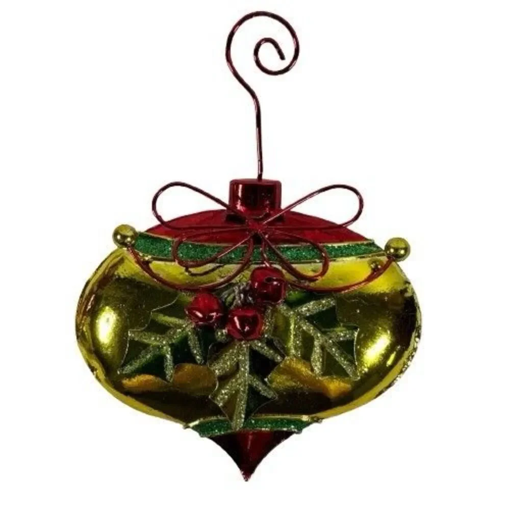 2 Large Vintage Metal Red & Green Christmas Ornaments Holly Berry w/Bells & Hook